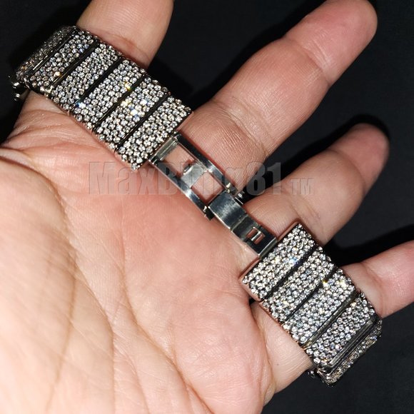 Men Full Iced Band Simulated Diamond Gold Silver Finish Hip Hop Metal Icy Watch - Picture 9 of 9